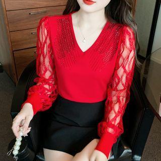 Lace Panel Rhinestone Blouse