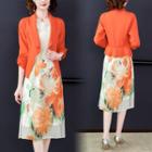 Set: 3/4-sleeve Blazer + Sleeveless Floral Midi Dress