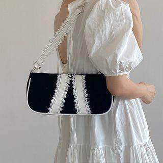 Faux Pearl Lace Trim Crossbody Bag Black - One Size