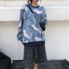 Crane Print Pullover / Tweed Midi A-line Skirt