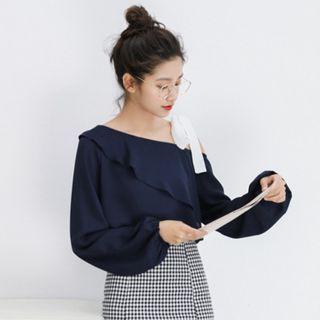 Cold-shoulder Chiffon Blouse Navy Blue - One Size