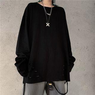 Long-sleeve Round Neck Distressed Top