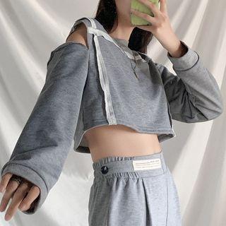 Contrast Trim Cold-shoulder Cropped Pullover