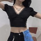 Lace-trim V-neck Tie-back Short-sleeve Crop Top