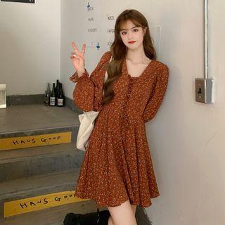 V-neck Drawstring Floral Long-sleeve Dress