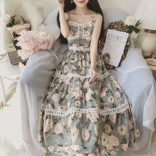 Spaghetti Strap Lace Trim Floral Midi A-line Dress