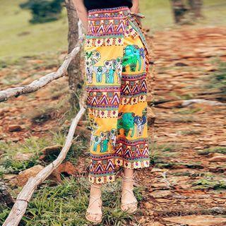 Elephant Print Midi Wrap Skirt Yellow - One Size