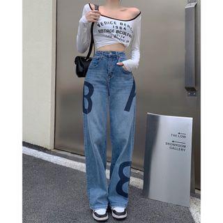 Lettering Mid Rise Wide Leg Jeans