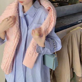 Striped Long-sleeve Shirt / Plain Cable Knit Sweater
