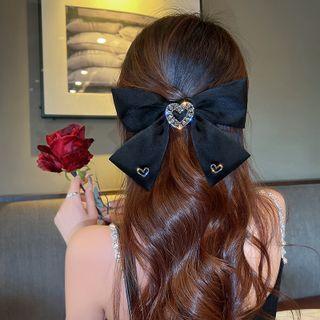 Rhinestone Heart Bow Hair Clip Black - One Size