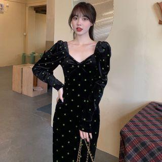 Puff-sleeve Dotted Velvet Midi Sheath Dress