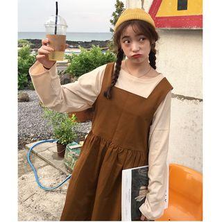 Crew-neck Long-sleeve T-shirt / Plain Midi Pinafore Dress