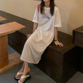 Elbow-sleeve Print Midi A-line T-shirt Dress