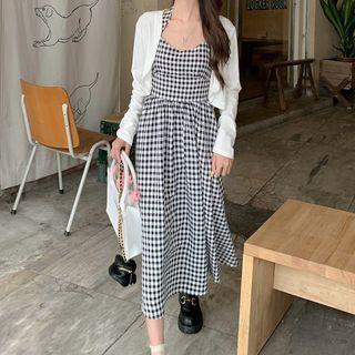 Halter-neck Gingham Midi A-line Dress / Cardigan