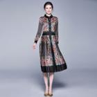Printed Long-sleeve Collared A-line Dress