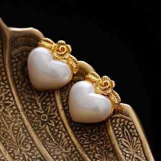 Genuine Pearl Heart Stud Earring 1 Pair - White & Gold - One Size