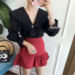 Plain Frilled Long-sleeve Loose-fit Top / Plain Skirt