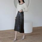 Buttoned Pleather Long Wrap Skirt