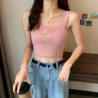 Cat Embroidered Knit Cropped Camisole Top