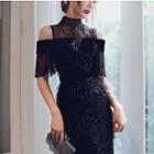 Elbow-sleeve Cold-shoulder Sequin Mermaid Gown