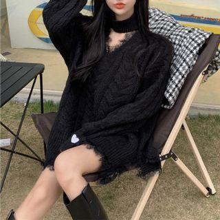 Cutout-details Lace-trim Loose Sweater Black - One Size