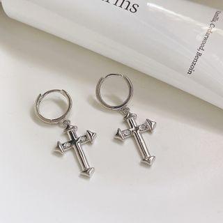 925 Sterling Rhinestone Cross Earring E342 - Silver - One Size