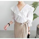 Wide-collar Frill-trim Cotton Shirt