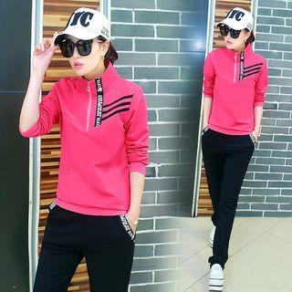 Set: Long-sleeve Paneled Zip-accent Top + Paneled Pants