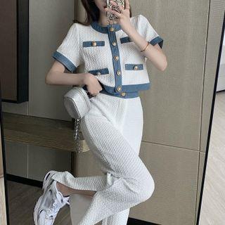 Short-sleeve Contrast Trim Crop Top / Slit Wide-leg Pants