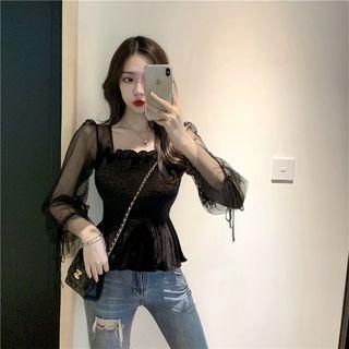 Mesh Sleeve Velvet Peplum Top