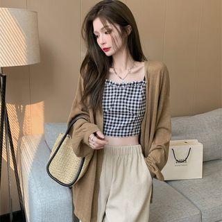 Gingham Cropped Camisole Top / Cardigan / Wide Leg Pants