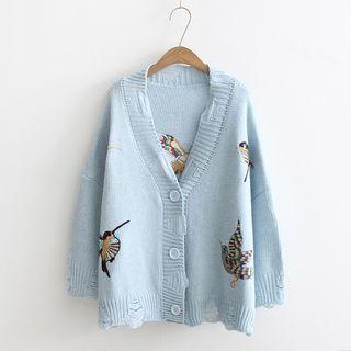 Bird Embroidered Knit Cardigan