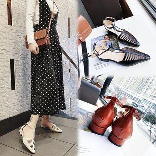 Faux Leather Cutout T-bar Low Heel Pumps