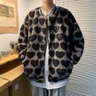 Printed Heart Faux Shearling Button-up Oversize Jacket