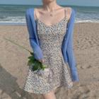 Sleeveless Floral A-line Dress / Long-sleeve Plain Knit Cardigan