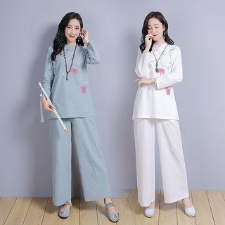 Set: Floral Long-sleeve Top + Wide Leg Pants
