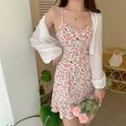 Floral Print Spaghetti-strap Mini Dress / Open-front Sheer Cardigan