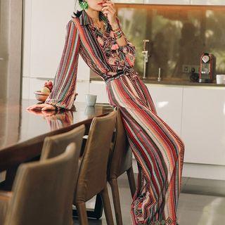 Set: Long-sleeve Collared Pattern Printed Top + Wide-leg Pants