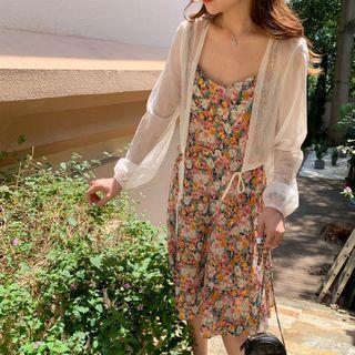 Floral Print Spaghetti-strap Dress/ Open-front Chiffon Cardigan