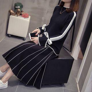Set: Contrast Trim Sweater + Striped Midi A-line Skirt