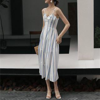 Spaghetti-strap Striped Midi A-line Dress