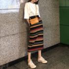 Short-sleeve Embroidered T-shirt / Midi Striped Straight-fit Skirt