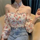 Puff-sleeve Floral Chiffon Top White - One Size