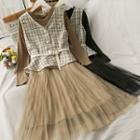 Set: Glitter Button-down Woolen Vest + Mesh-panel Midi Dress