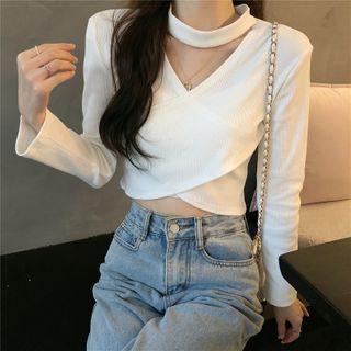 Long-sleeve Cutout Twist-front Knit Top