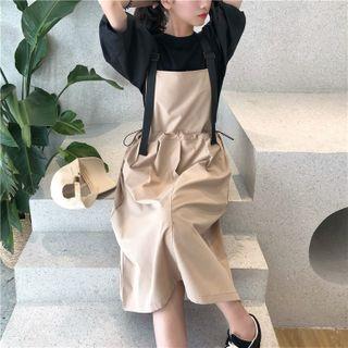 Puff-sleeve Blouse / Drawstring Midi Overall Dress