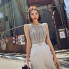 Asymmetric-hem Perforated Slim Knit Vest