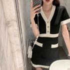 Short-sleeve Contrast Trim Buttoned Mini Sheath Dress