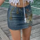 High-waist Washed Butterfly Embroidered Mini Denim Skirt
