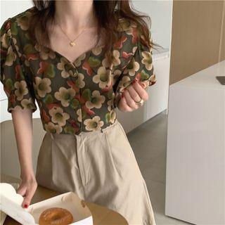 Puff-sleeve Floral Print Button-up Top Green - One Size